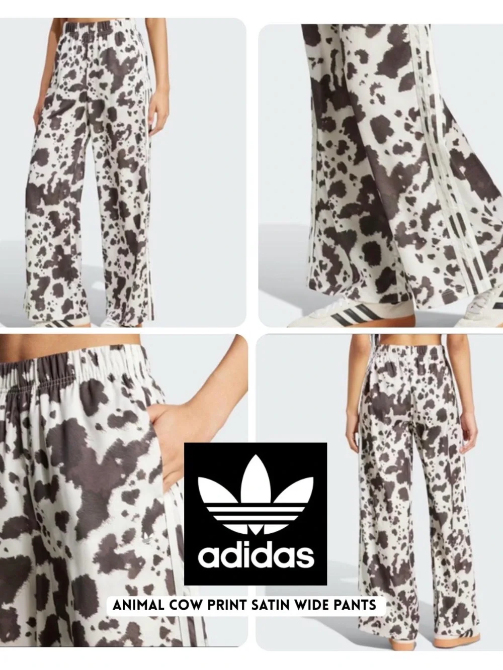 Size SMALL 🤎🤍- NWT - adidas Satin Cow Animal Print Wide Leg Pants Brown - Picture 6 of 9